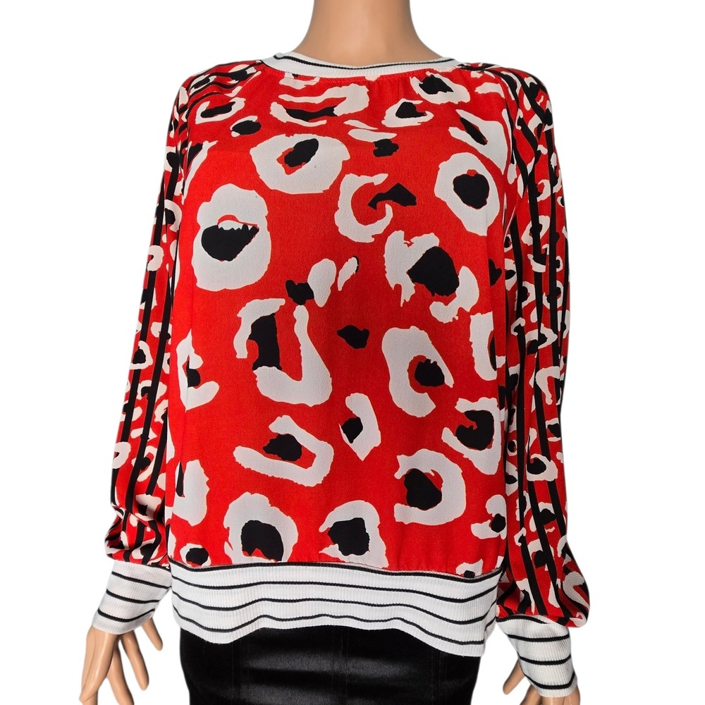 Isle by Melis Kozan Red Leopard Print Striped Trim Blouse Top Small Sporty